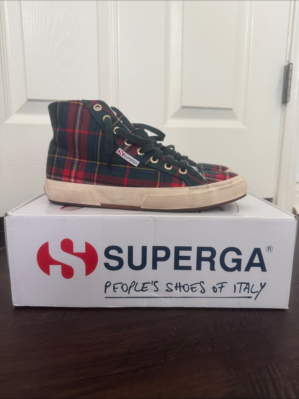 SUPERGA HIGH TOP SNEAKERS TARTAN PLAID FUR LINED RED GREEN NWB SZ 7